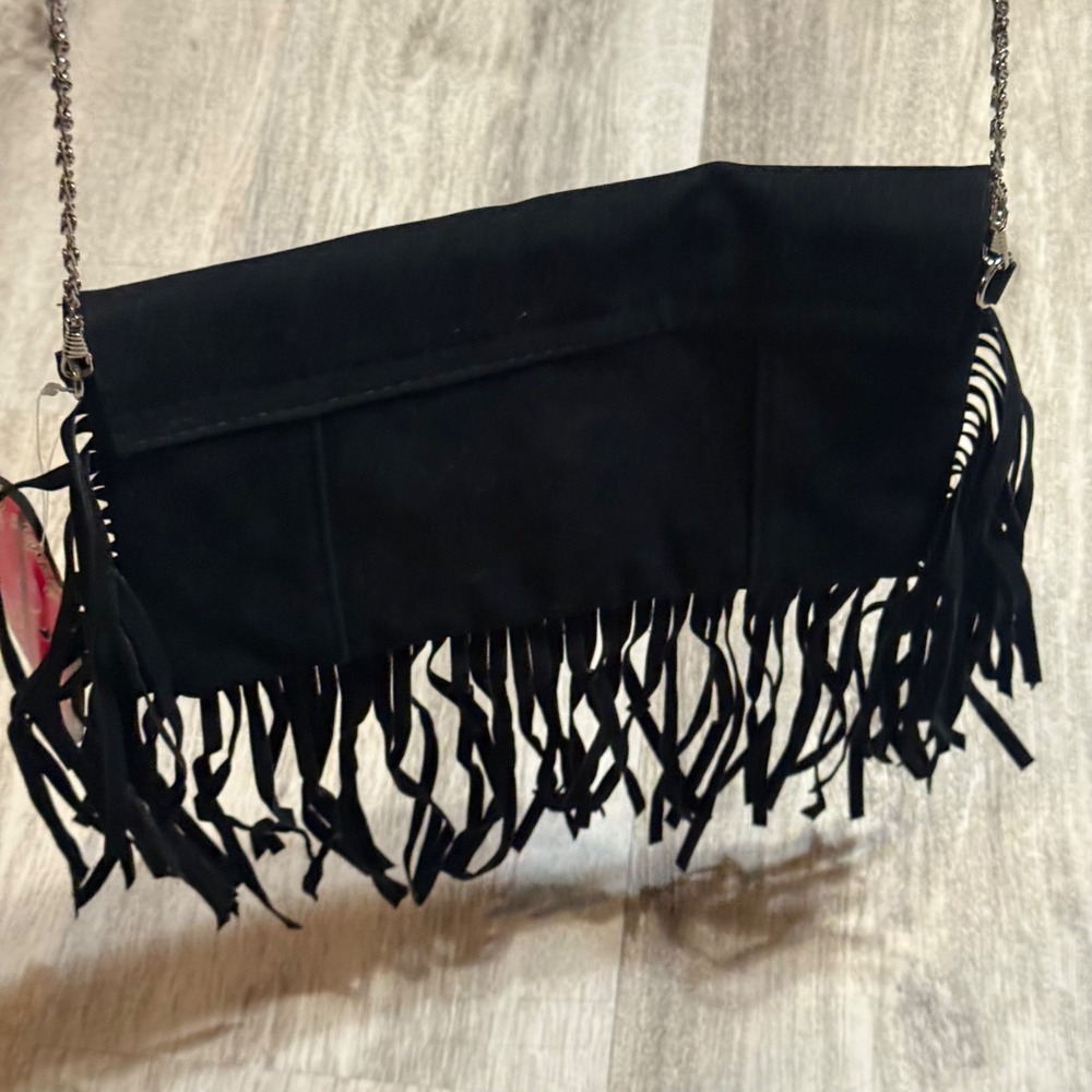 Y2K‎ retro Say What Black Suede Fringe Crossbody Bag Silver Chain Evening - Picture 7 of 8
